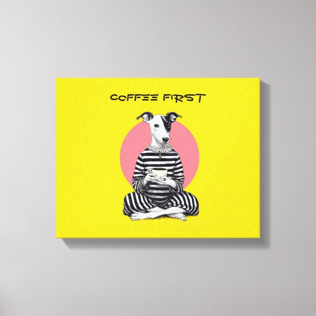 Lienzo Whippet Coffee Time – Perro Antiguo Excéntrico (Anverso)