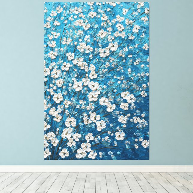 Lienzo White Blossom Branches on Blue Abstract Wall Art (Insitu (piso de madera))