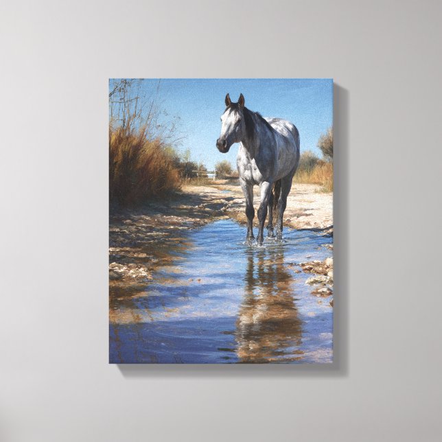 Lienzo White Horse Shallow Stream Reflection Art (Anverso)