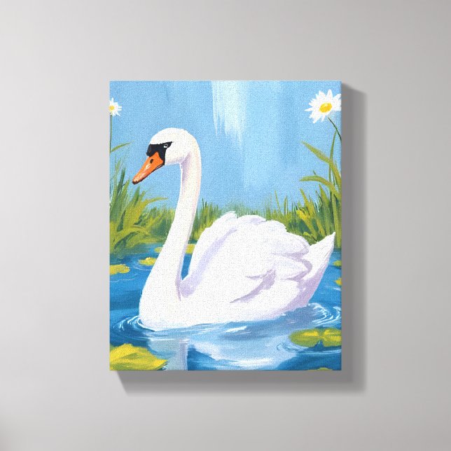Lienzo White Swan | Pond Watercolor Bird Painting (Anverso)