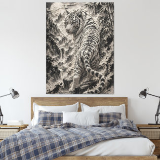 Lienzo White Tiger Engraved Ink Style - Oriental Guardian