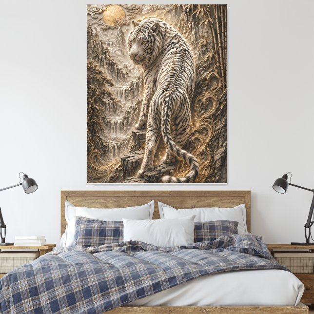 Lienzo White Tiger Relief Art – Oriental Engraved Style M (Insitu(Dormitorio))