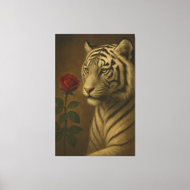 Lienzo White Tiger with a Rose – Premium Portrait Fine Ar (Anverso)