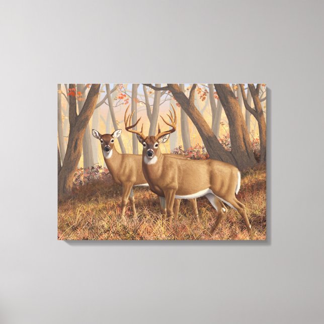 Lienzo Whitetail Deer Buck & Doe Otumn Maple Woods (Anverso)