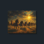 Lienzo Wild Horses Running<br><div class="desc">A stunning horizontal landscape featuring a herd of horses galloping through a misty,  golden sunrise.</div>