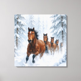 Lienzo Wild Horses Running Through a Snowy Forest