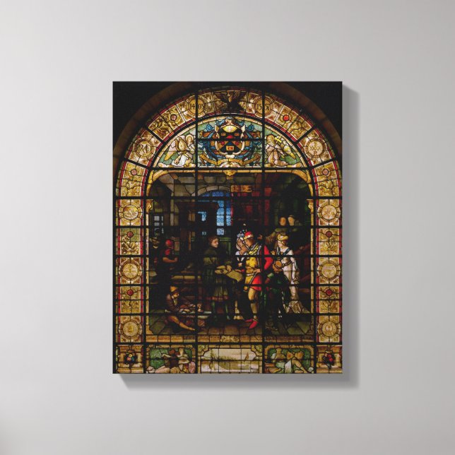 Lienzo William Caxton muestra su primer libro impreso (Anverso)