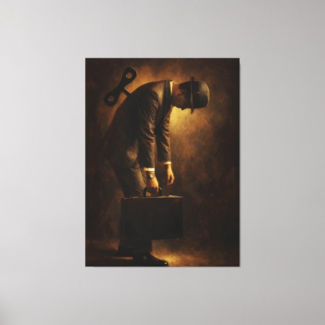 Lienzo Wind-Up Office Man Surreal Routine Grind Oil Paint (Anverso)