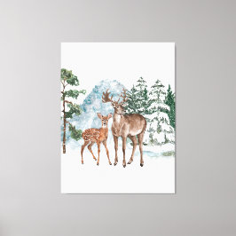 Lienzo Winter Wonderland Dear and Pine tree snow Fall Tap