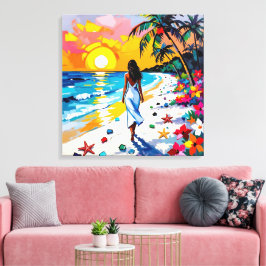 Lienzo Woman on Beach Tropical Scene