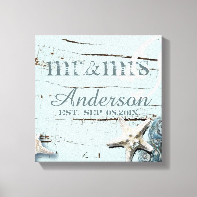Lienzo wood BLue Seashells Beach Wedding mr y mrs (Anverso)