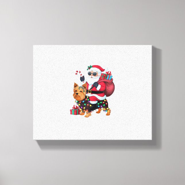 Lienzo Xmas Iluminando Santa Riding Yorkshire Terrier Dog (Anverso)