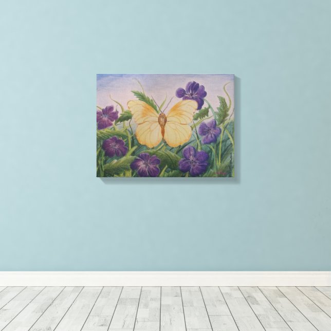Lienzo Yellow Butterfly With Flowers (Insitu (piso de madera))