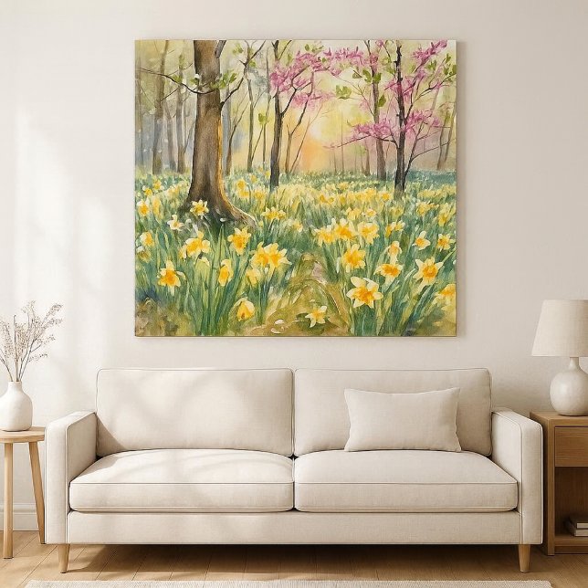 Lienzo Yellow Daffodils in Spring Forest Watercolor  (Airy spring forest watercolor featuring daffodils and redbud blooms, perfect wall art décor. )