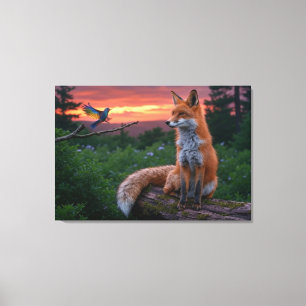 Lienzo Zorro y Pájaro al Atardecer – Bosque Tranquilo