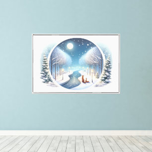 Lienzo Zorros de invierno junto al río nevado iluminado p