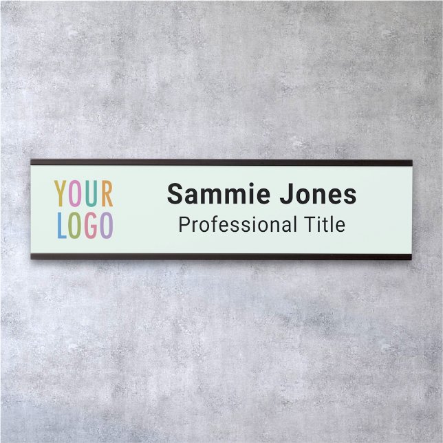 Light Green 2x8 Nombre colgante Placa de bienvenid (MISOOK Mint Green Name Plate with Logo and Job Title Black Frame)