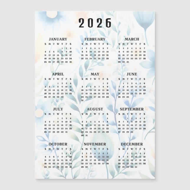Lightly Floral Design 2026 Calendar Magnetic Card (Anverso)