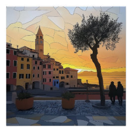 Ligurian Sunset – Stained Glass Style Poster