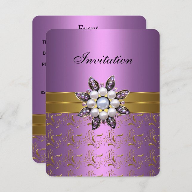 Lila Púrpura Oro Invitación Joya Floral Elegante C (Anverso / Reverso)