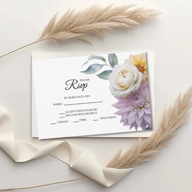 Lilac And Butter Yellow Floral Wedding RSVP Cards (Subido por el creador)