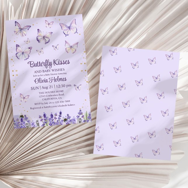 Lilac Butterfly Baby Girl Invitación a la ducha (Lilac Butterfly Baby Girl Shower Invitation on a dry white palm leaf.)