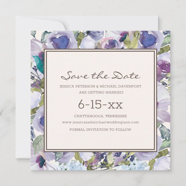 Lilac Dusty Blue Boho Floral Boda Save Date (Anverso)