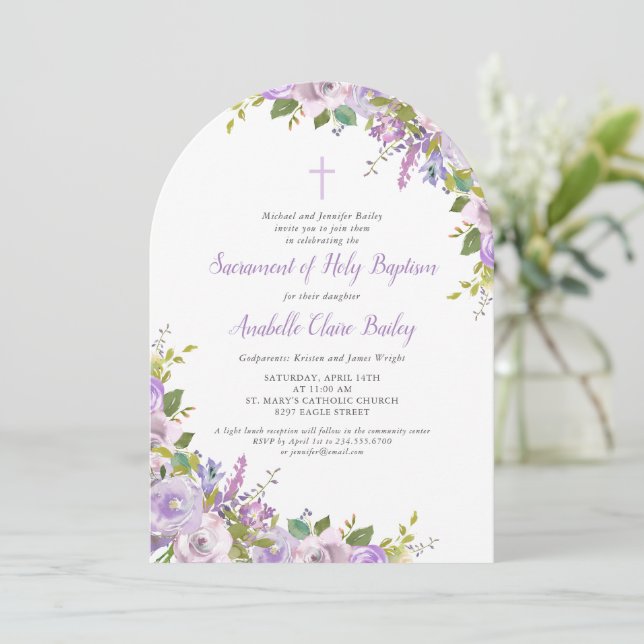 Lilac Floral Bebé Baptismo Invitación (Anverso de pie)