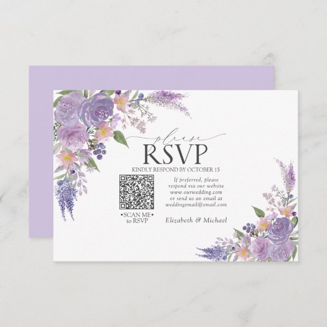 Lilac Lavender Mauve Floral Código QR Boda RSVP (Anverso / Reverso)