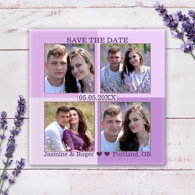 Lilac Lavender tus 4 fotos ahorran la fecha imán (Save the Date magnet featuring your own 4 photos framed by a checkered lilac and lavender background)