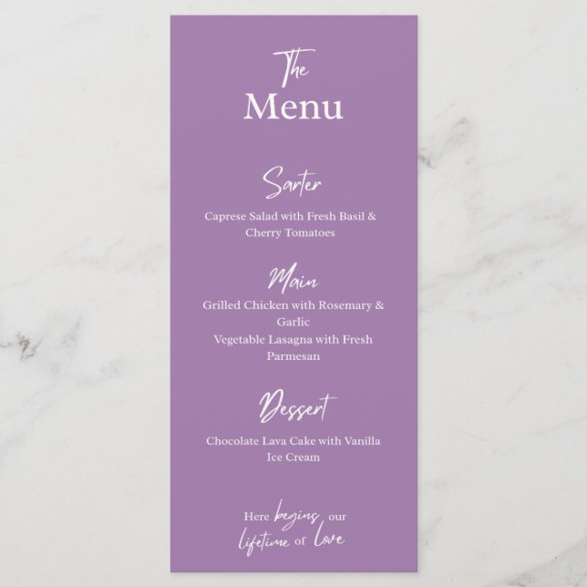 Lilac Lavender Wedding dinner Menu Card  (Anverso)