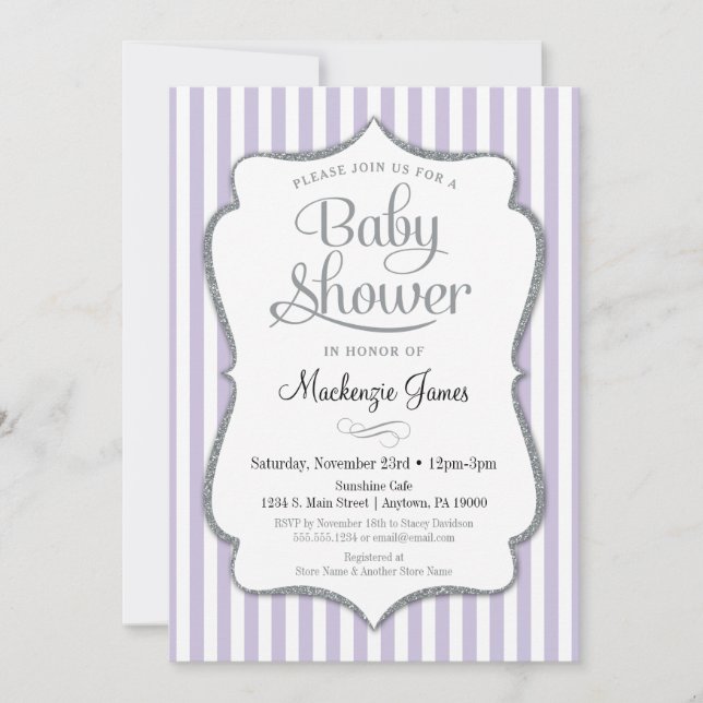 Lilac Silver Baby Shower Invitación Lavanda Gris (Anverso)