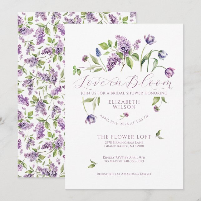 Lilacs & Spring Flowers Invitación a la ducha de n (Anverso / Reverso)