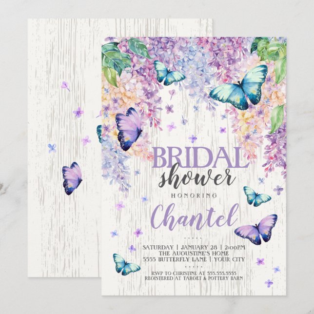 Lilacs y mariposa | Invitación a la ducha de novia (Anverso / Reverso)