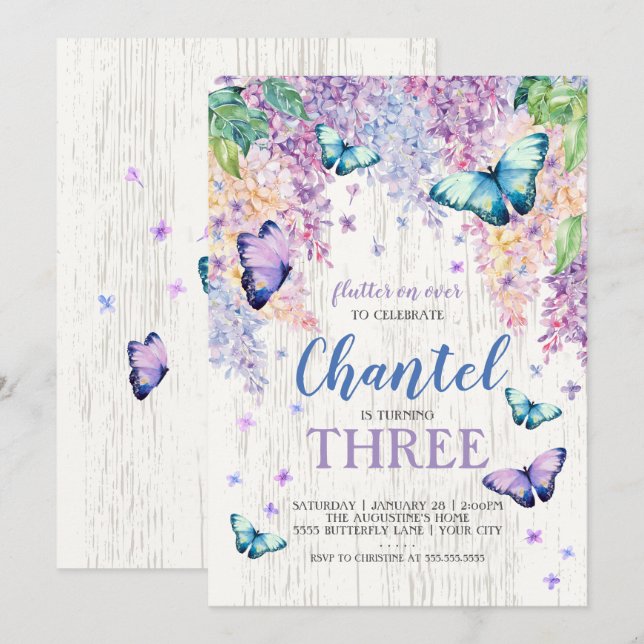 Lilacs y mariposa| Invitación al cumpleaños (Anverso / Reverso)