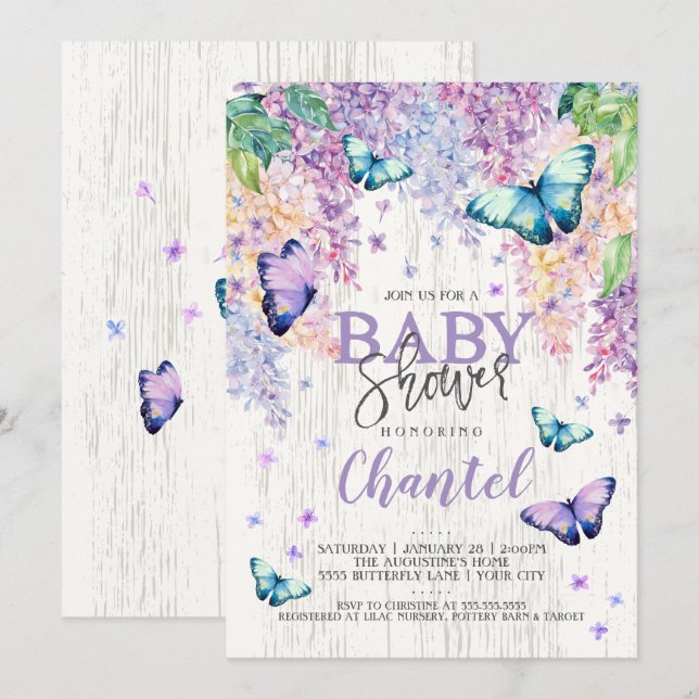 Lilacs y mariposa | Invitación de Baby Shower (Anverso / Reverso)