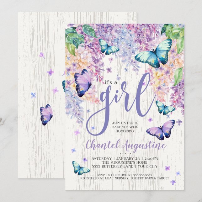 Lilacs y mariposa| Invitación de Baby Shower (Anverso / Reverso)