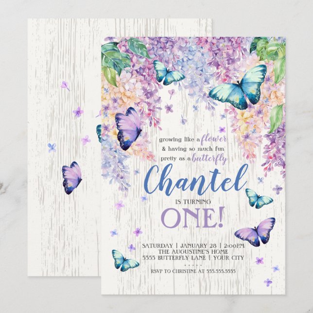Lilacs y mariposa | Invitación de cumpleaños (Anverso / Reverso)