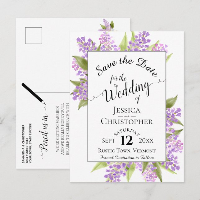 Lilas Rústicas y Caligrafía para Anuncio de Boda " (Anverso / Reverso)