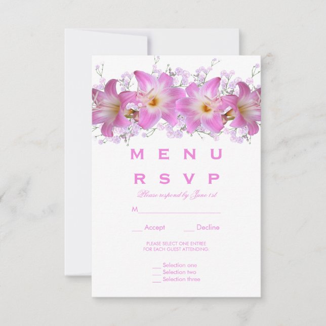 Lilios Belladonna Románticos Menú de Boda RSVP (Anverso)