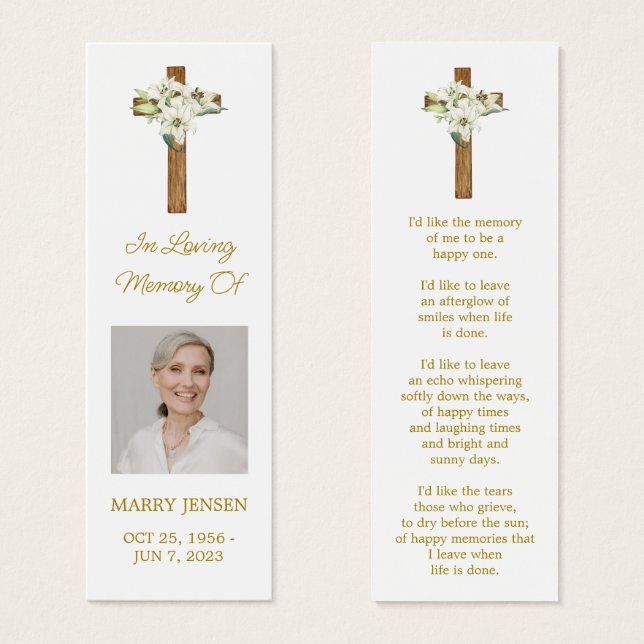 Lily Cross Photo Funeral Memorial Bookmark (Anverso y reverso)