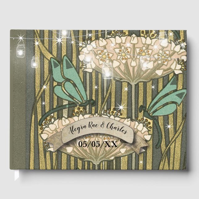 Lilypad Dragonfly Art Deco Boda invitado libro (Anverso)
