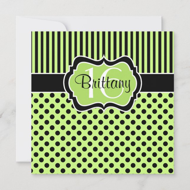 Lime Black Polka Dots 16ª Invitación de cumpleaños (Anverso)