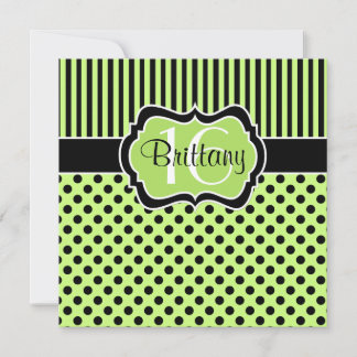 Lime Black Polka Dots 16ª Invitación de cumpleaños