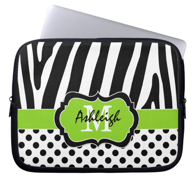 Lime Black Zebra Stripes Polka Dots Laptop Funda (Frente)
