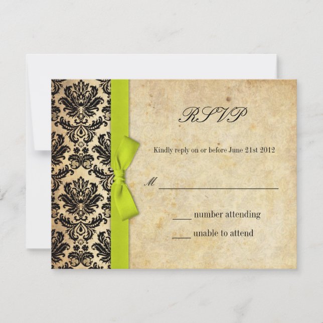 Lime Damask Bow Wedding RSVP (Anverso)