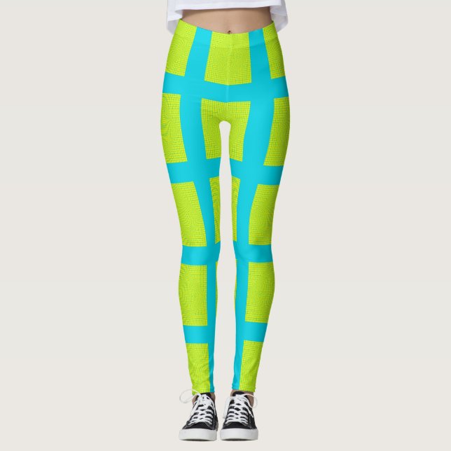 Lime Green Blue Square Pattern Yoga Pants Leggings (Anverso)
