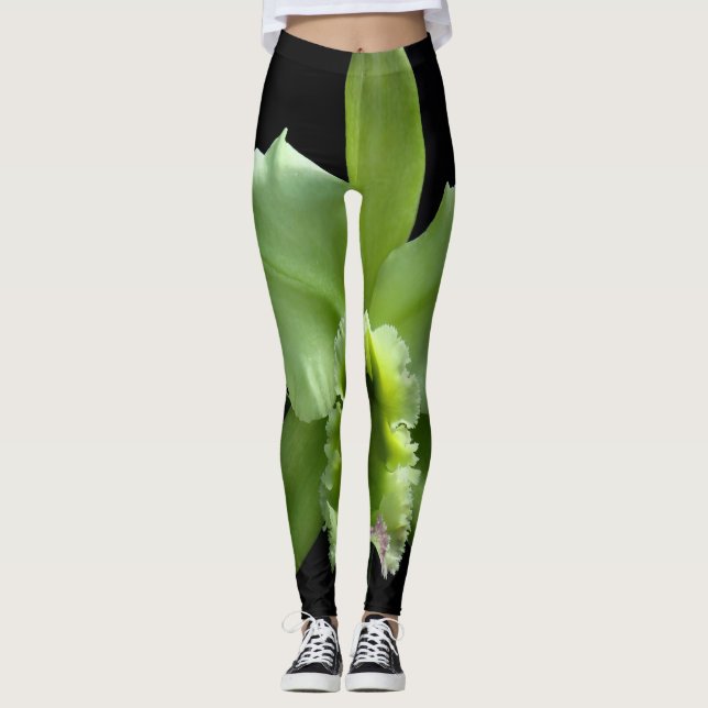 Lime Green Orchid Leggings sobre fondo negro (Anverso)