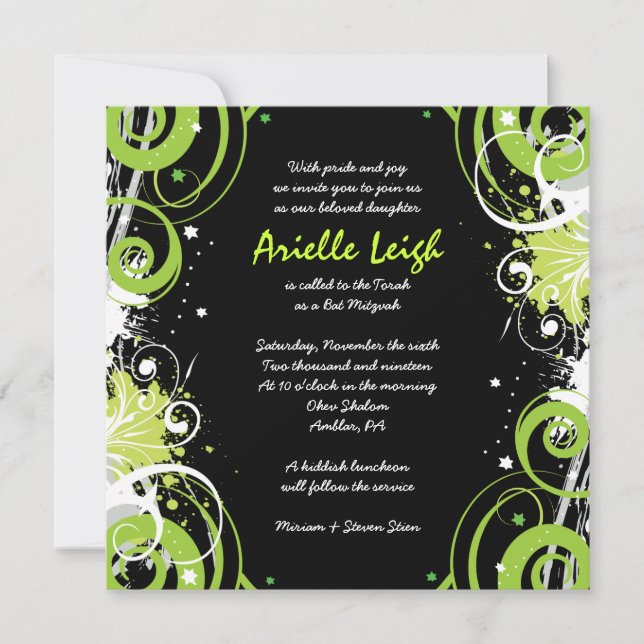 LIME GREEN SWIRLS & STARS Bat Mitzvah Invitación (Anverso)