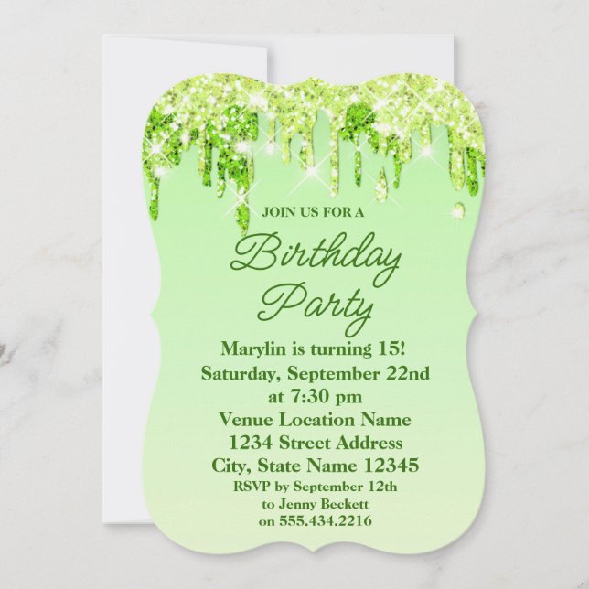 LIME GREENGLITTER DRIP ELEGANTE INVITACIÓN DE CUMP (Anverso)